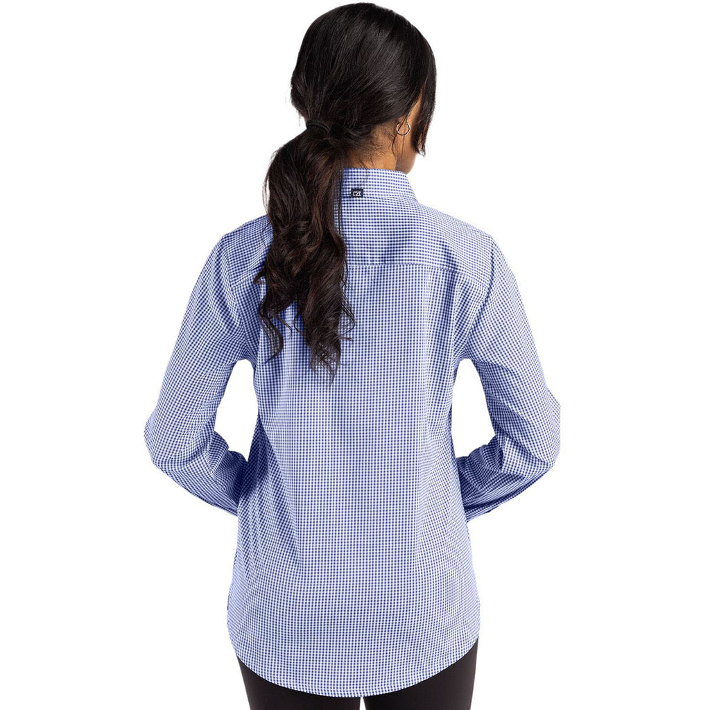 Cutter & Buck Women's Tour Blue/White Skyline Epic Confidence Recycled Gingham Long Sleeve Dress Shirt