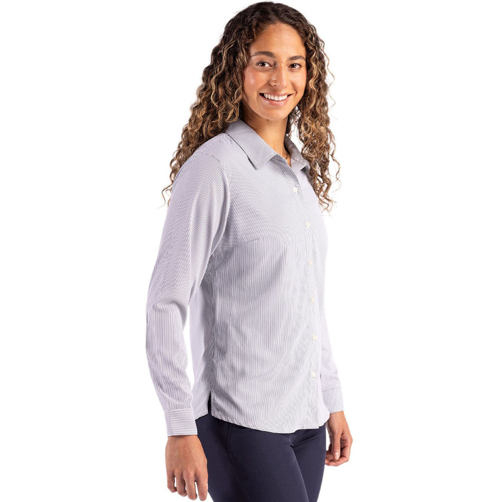 Cutter & Buck Women's Elemental Grey/White Skyline Epic Confidence Recycled Pinstripe Long Sleeve Dress Shirt