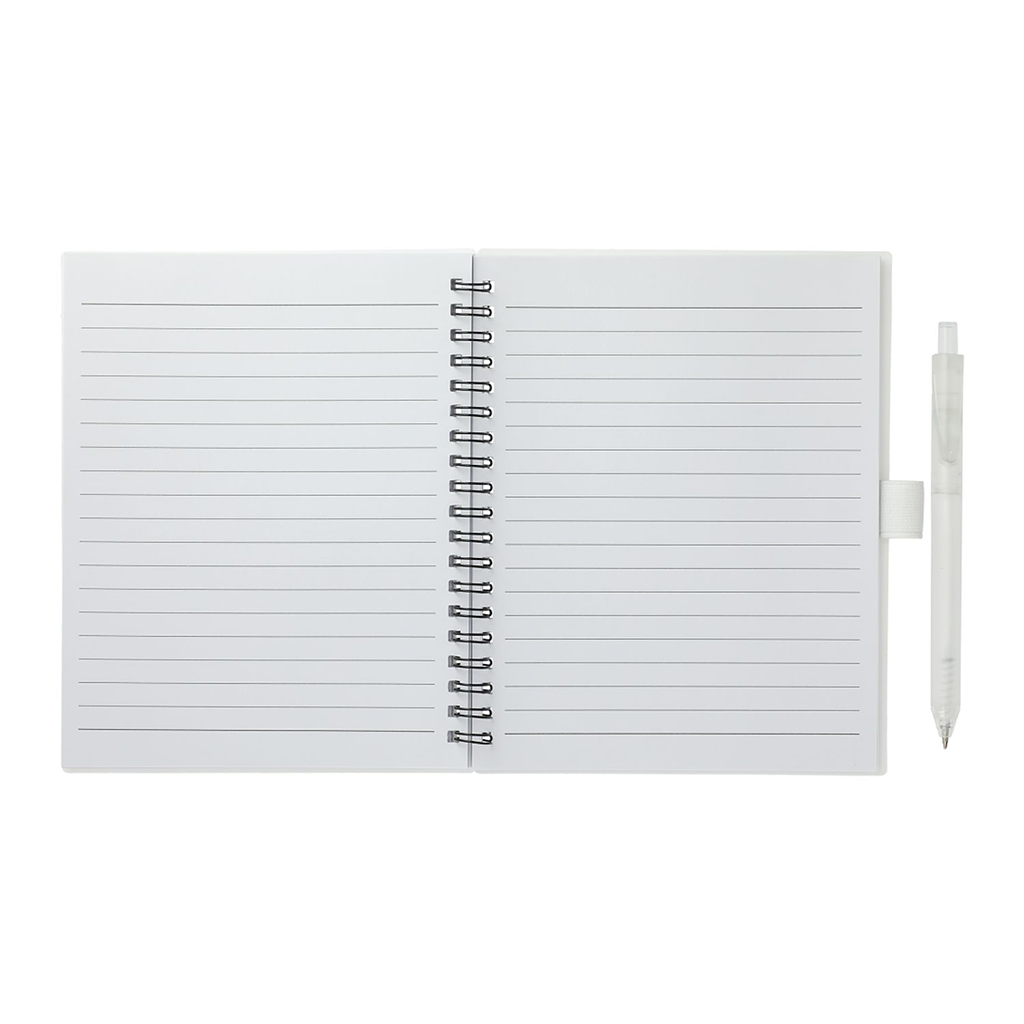 Bullet White 5.5" x 7" FSC Recycled Spiral Notebook w/ RPET Pen