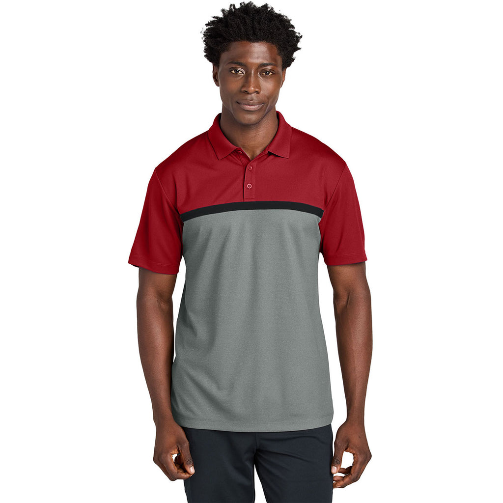 Sport-Tek Men's Deep Red/Grey Concrete Heather/Black UV Micropique Colorblock Polo
