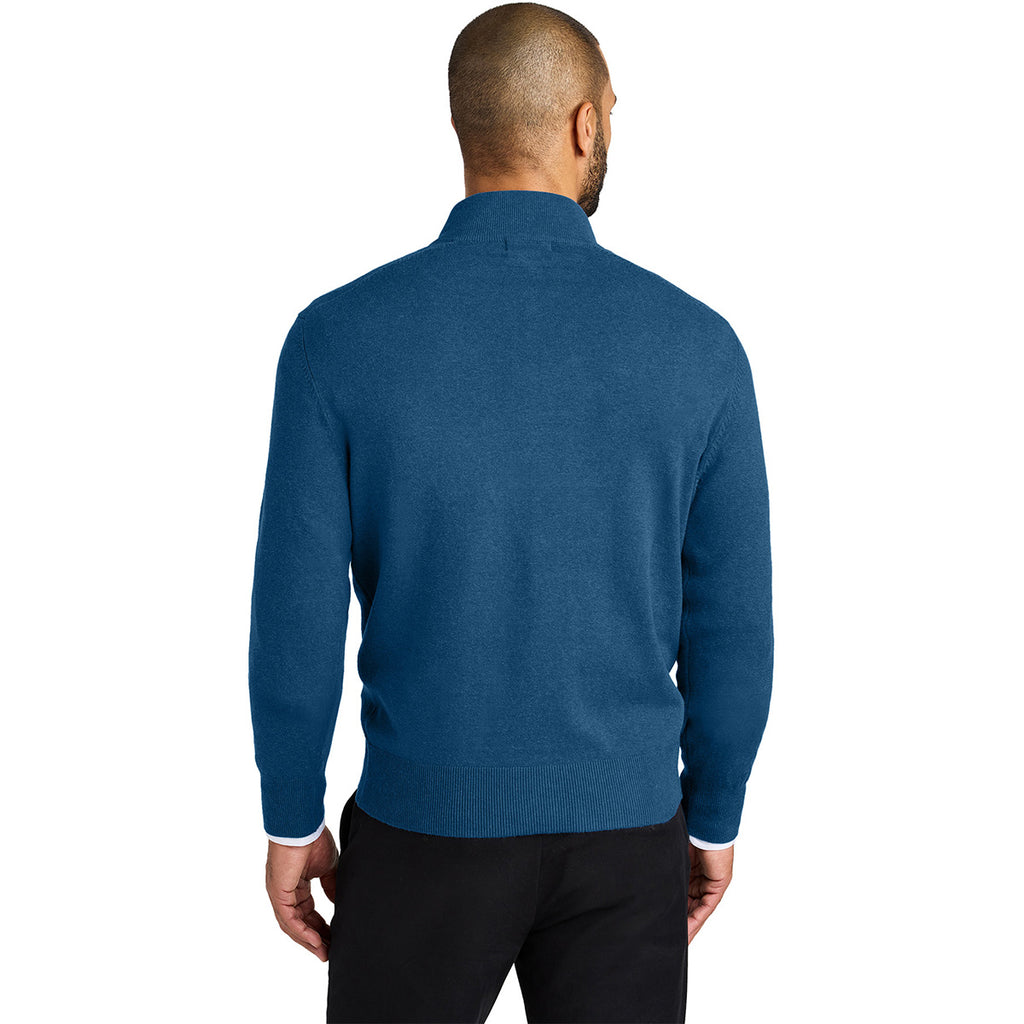 Port Authority Men's Aegean Blue Heather Easy Care 1/4-Zip Sweater