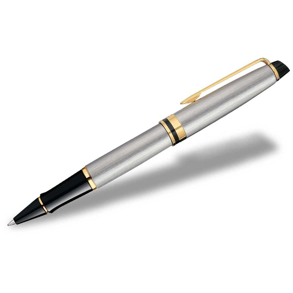 Waterman Stainless Steel Gold Trim Expert Rollerball Pen with Black Ink