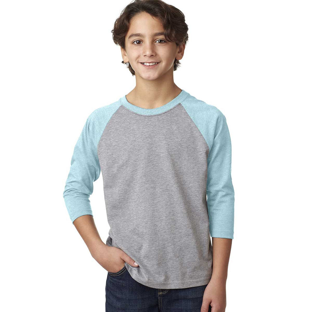 Next Level Youth Ice Blue/Dark Heather Grey CVC 3/4-Sleeve Raglan Tee