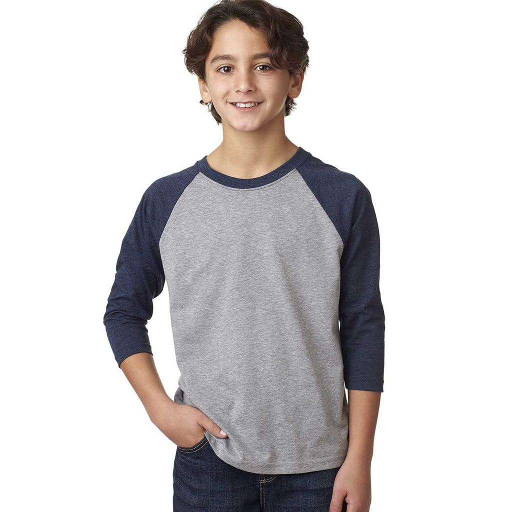 Next Level Youth Mid Navy/Dark Heather Grey CVC 3/4-Sleeve Raglan Tee