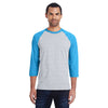 Hanes Men's Light Steel/Neon Blue Heather 4.5 oz. 60/40 Ringspun Cotton/Polyester X-Temp Baseball T-Shirt