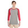 Jerzees Men's Oxford/Fiery Red Heather 4.5 Oz Tri-Blend Baseball Raglan