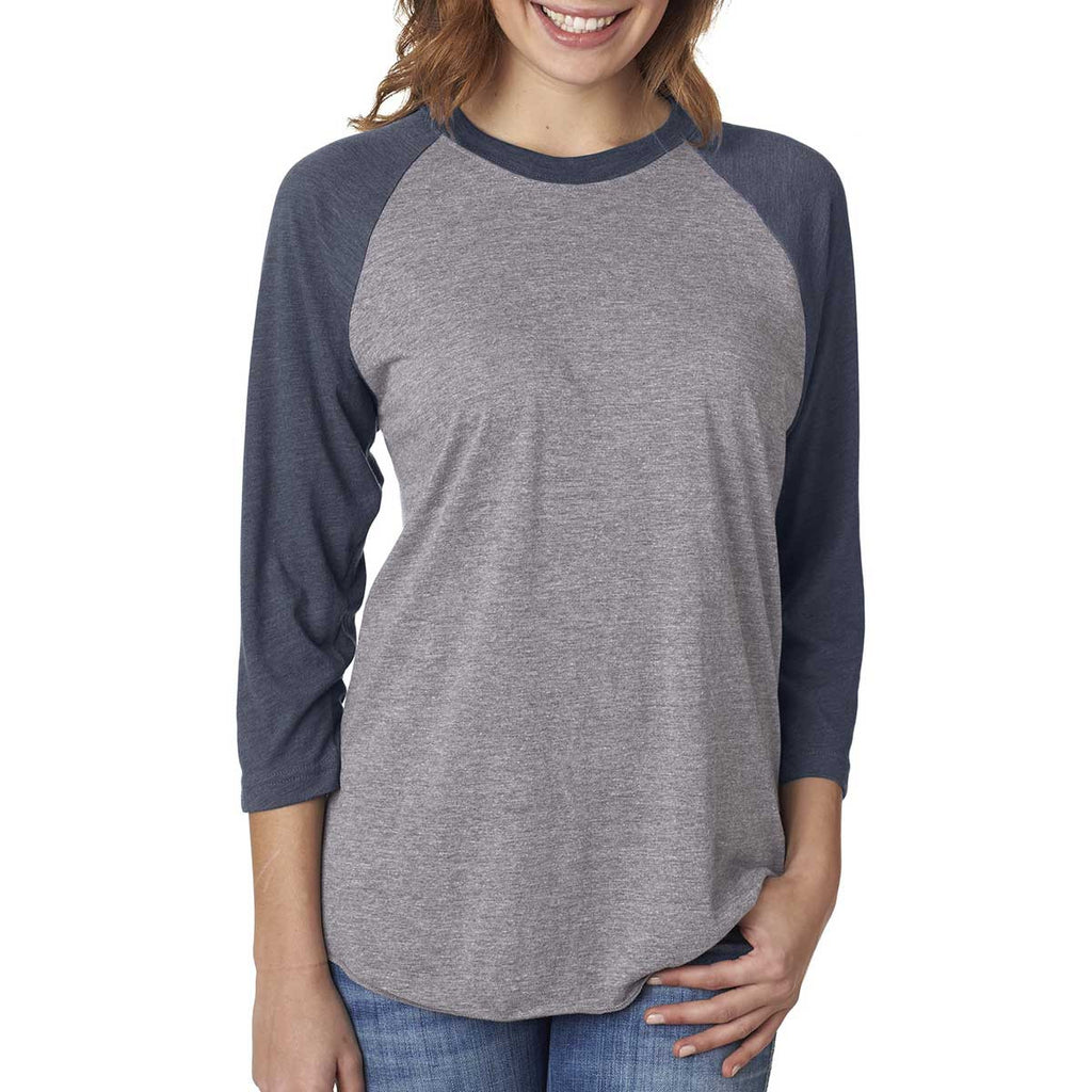 Next Level Unisex Vintage Navy/Premium Heather Triblend 3/4-Sleeve Raglan Tee