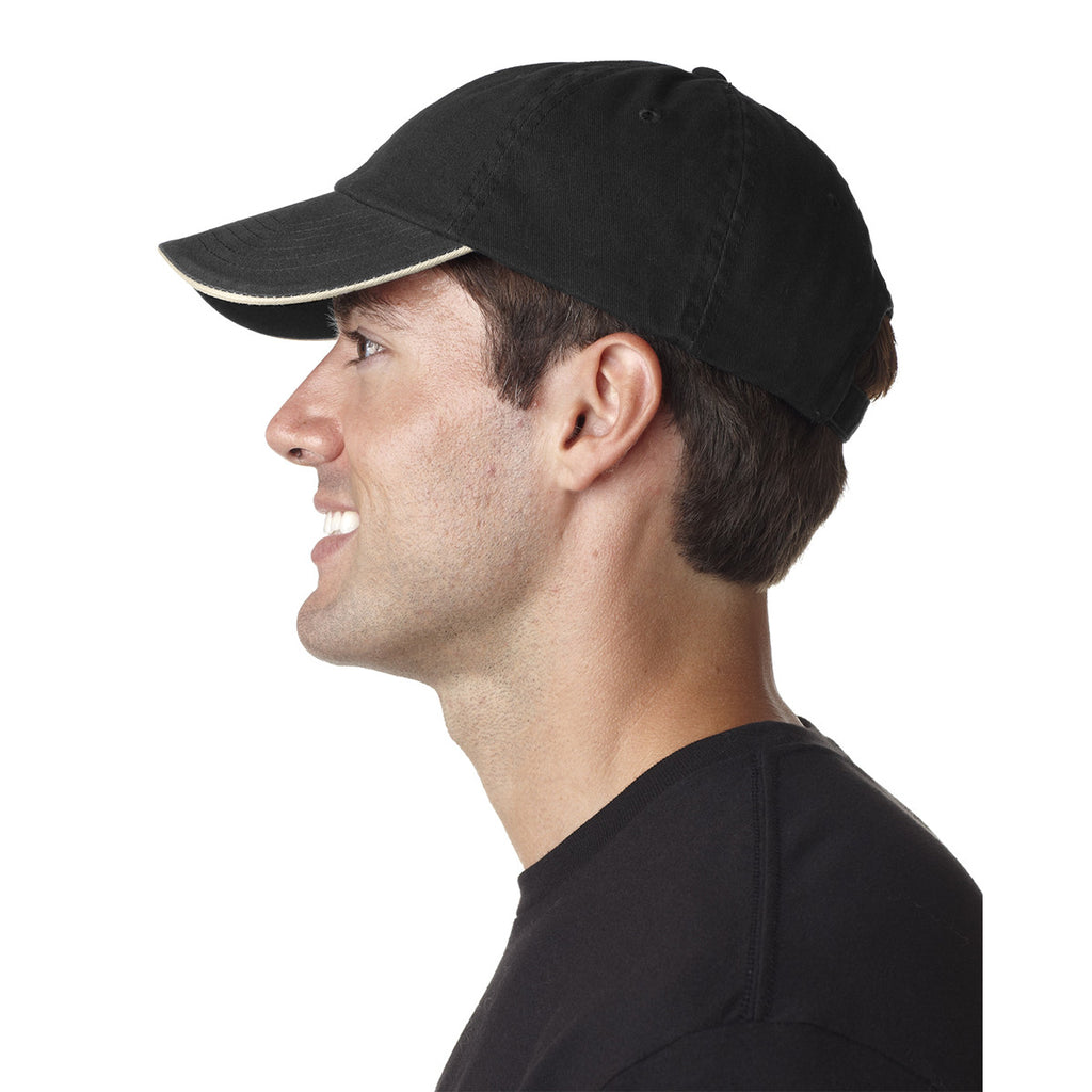 UltraClub Men's Black/Stone Classic Cut Brushed Cotton Twill Unstructured Sandwich Cap