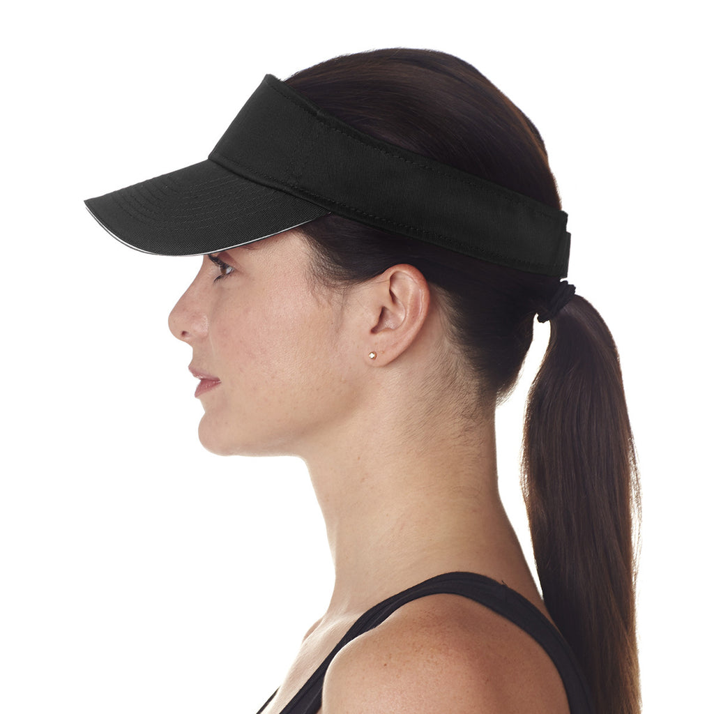 UltraClub Women's Black/White Classic Cut Brushed Cotton Twill Sandwich Visor