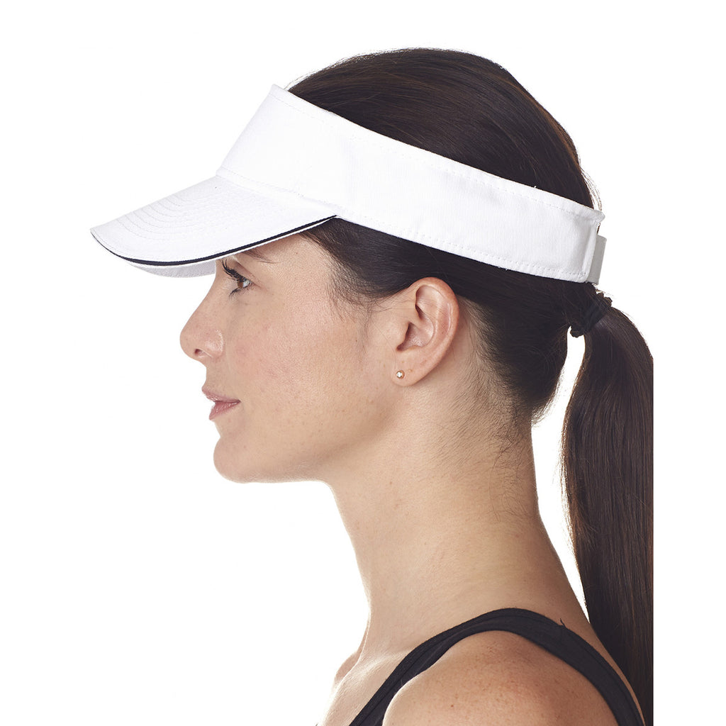 UltraClub Women's White/Navy Classic Cut Brushed Cotton Twill Sandwich Visor