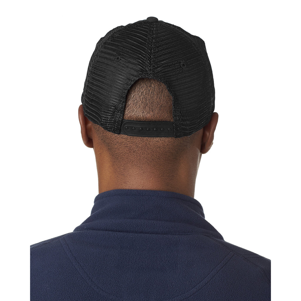 UltraClub Men's Black/Black Classic Cut Brushed Cotton Twill Unstructured Trucker Cap