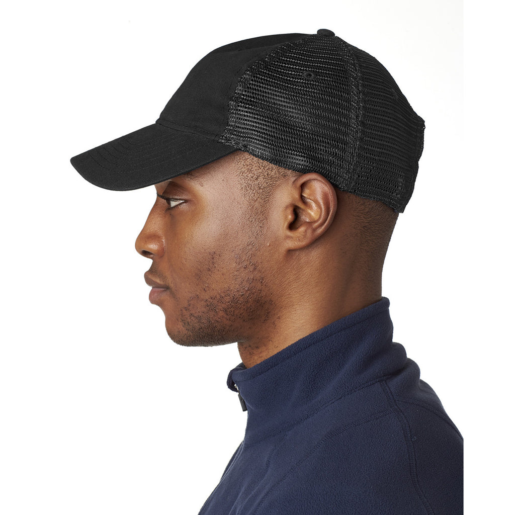 UltraClub Men's Black/Black Classic Cut Brushed Cotton Twill Unstructured Trucker Cap