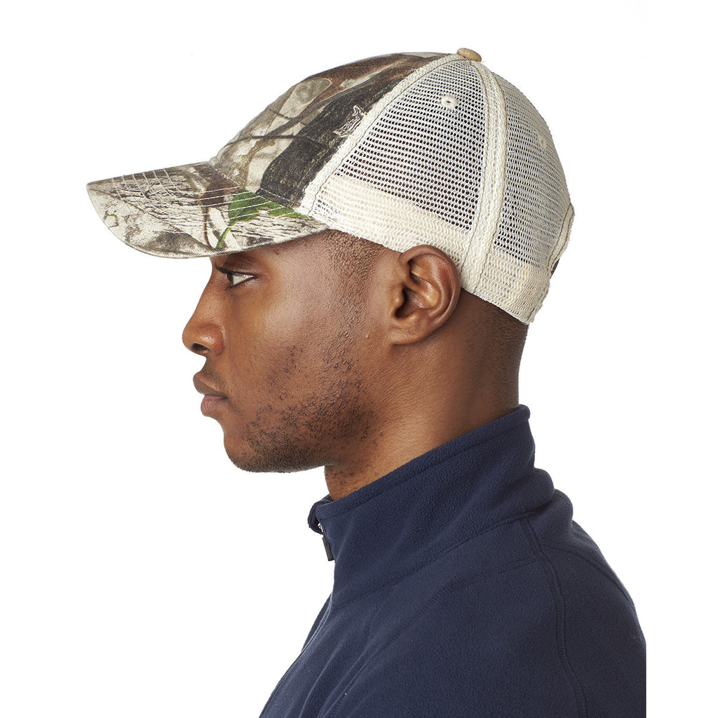 UltraClub Men's Camo/Stone Classic Cut Brushed Cotton Twill Unstructured Trucker Cap