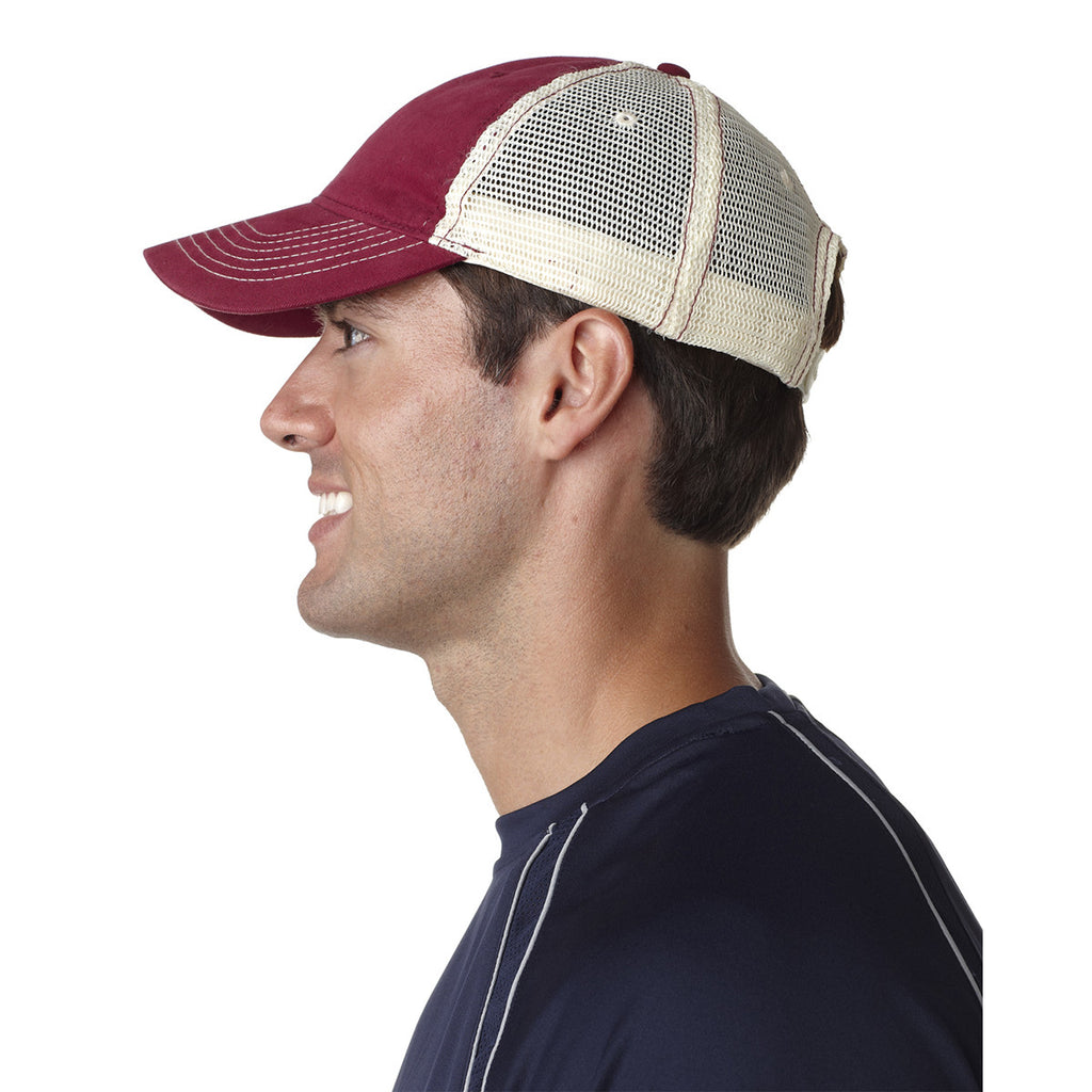 UltraClub Men's Cardinal/Stone Classic Cut Brushed Cotton Twill Unstructured Trucker Cap