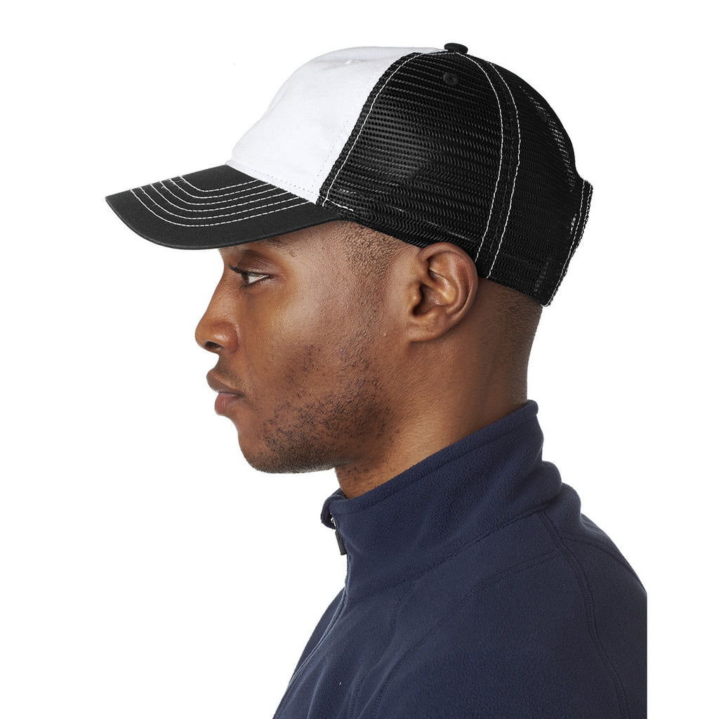 UltraClub Men's White/Black Classic Cut Brushed Cotton Twill Unstructured Trucker Cap