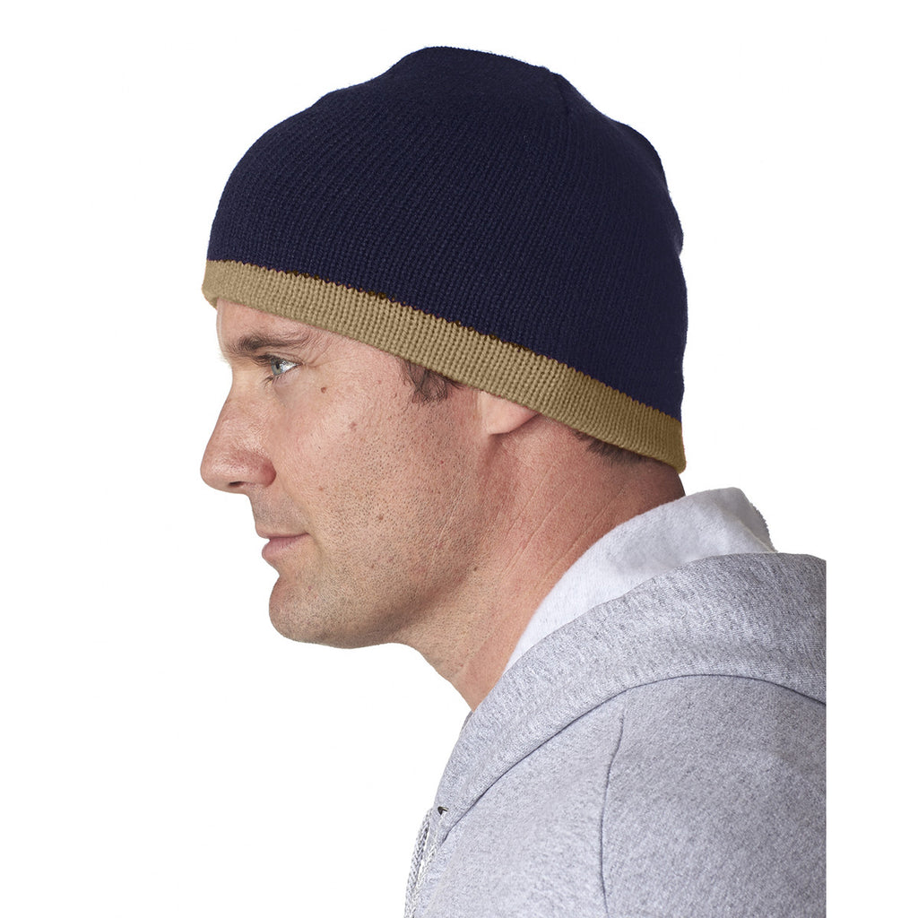 UltraClub Men's Navy/Stone Two-Tone Knit Beanie