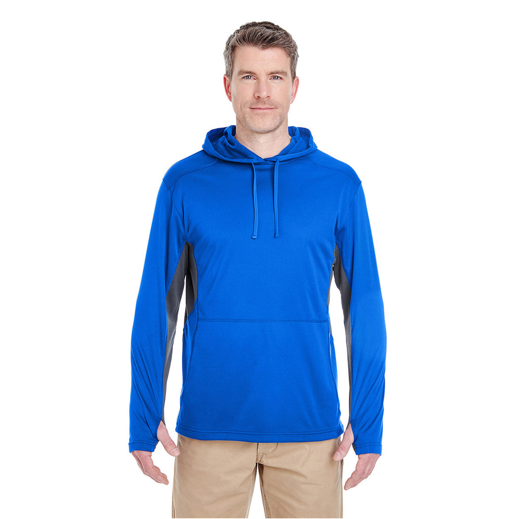 UltraClub Men's Kyanos Blue/Charcoal Cool & Dry Sport Hooded Pullover