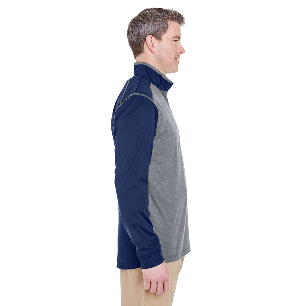 UltraClub Men's Grey Heather/Navy Cool & Dry Sport Two-Tone Quarter-Zip Pullover