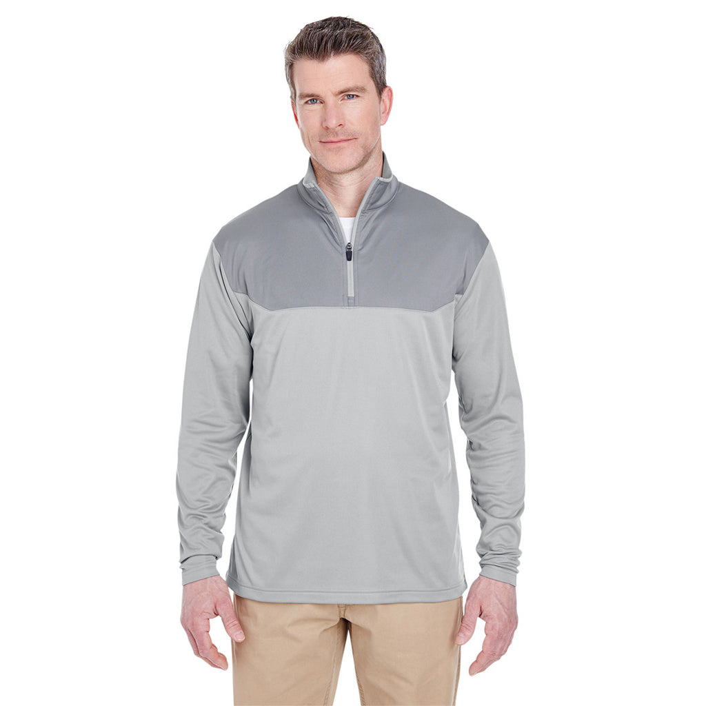 UltraClub Men's Silver/Gravel Cool & Dry Sport Colorblock Quarter-Zip Pullover