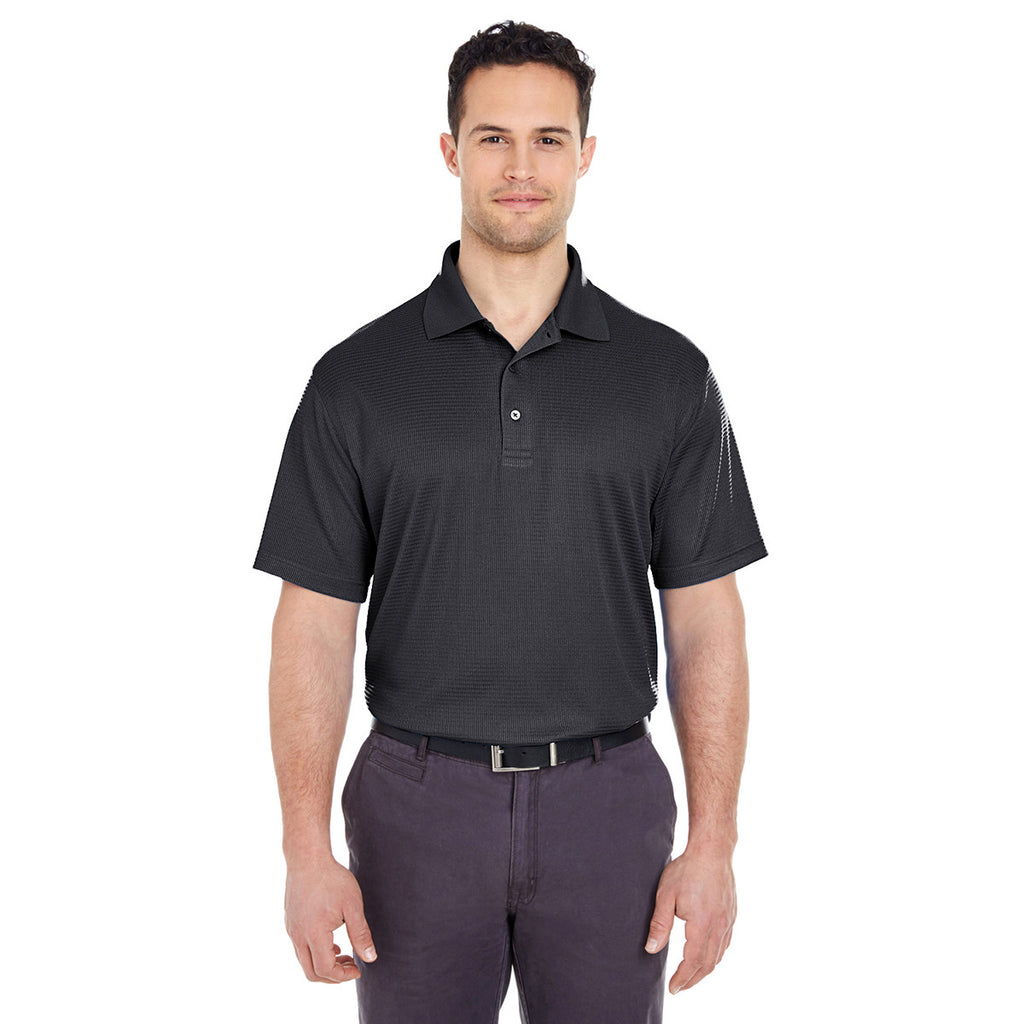 UltraClub Men's Black Cool & Dry Elite Mini-Check Jacquard Polo