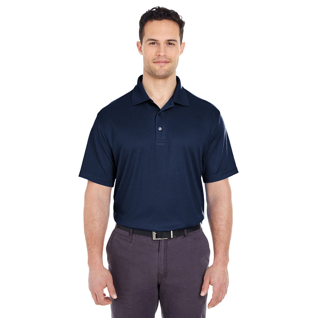 UltraClub Men's Navy Cool & Dry Elite Mini-Check Jacquard Polo