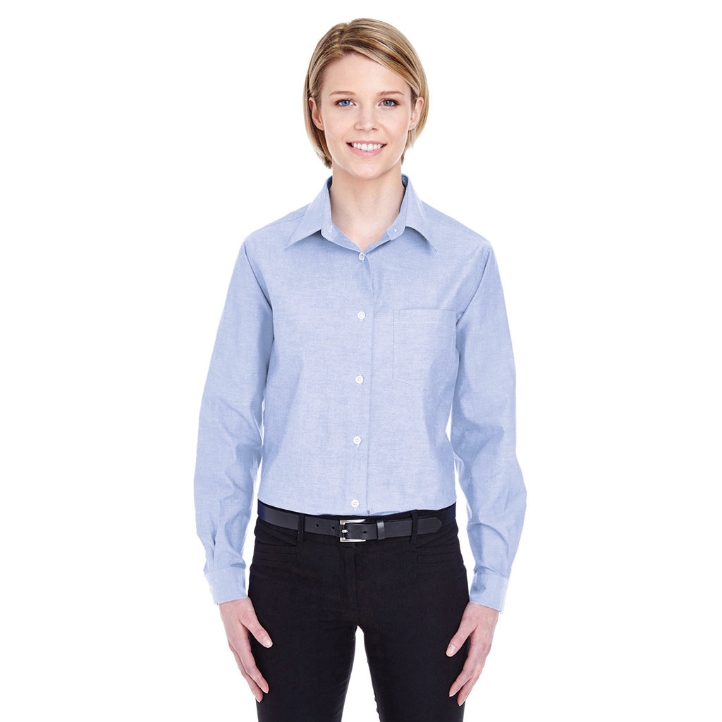 UltraClub Women's Light Blue Long-Sleeve Performance Pinpoint