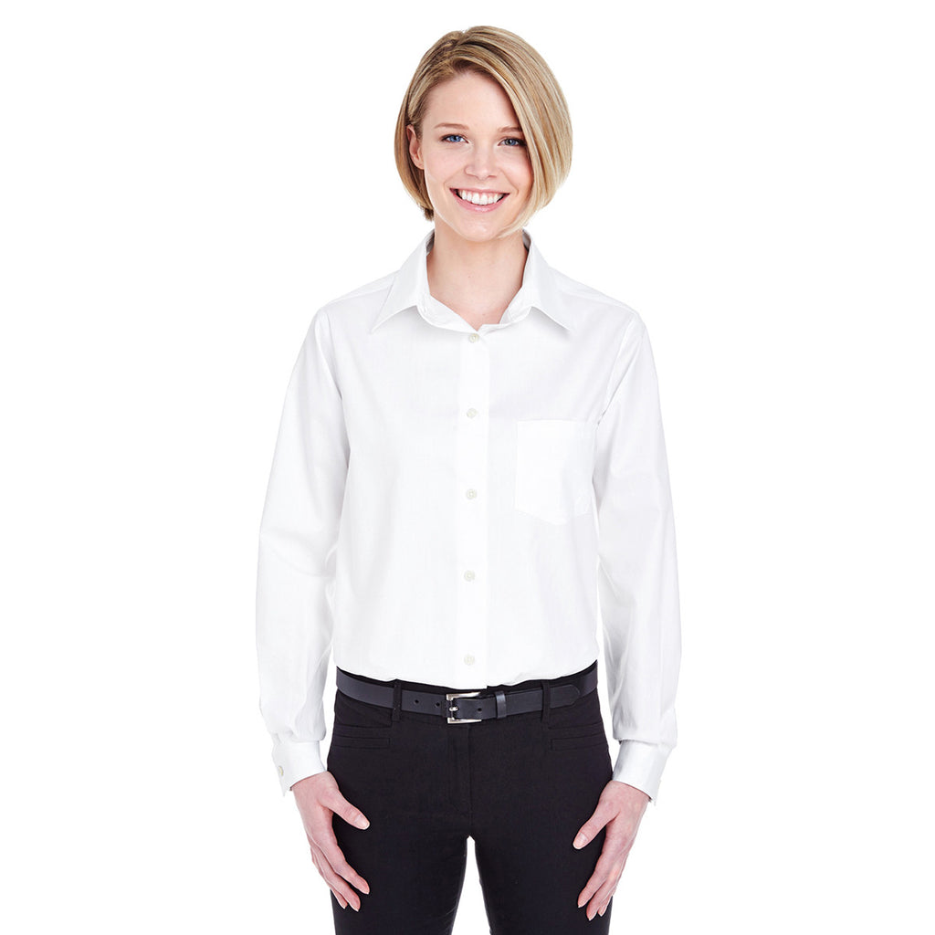 UltraClub Women's White Long-Sleeve Performance Pinpoint