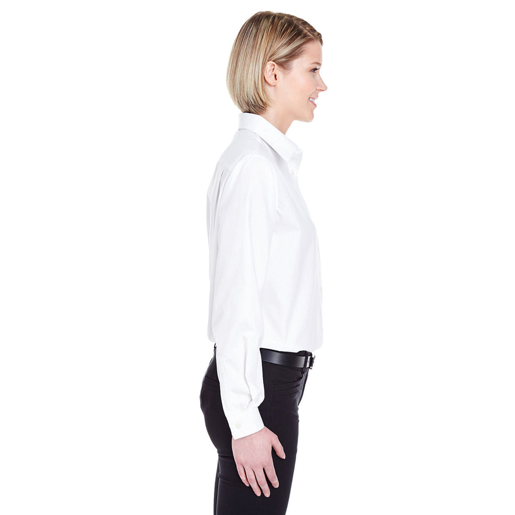 UltraClub Women's White Long-Sleeve Performance Pinpoint