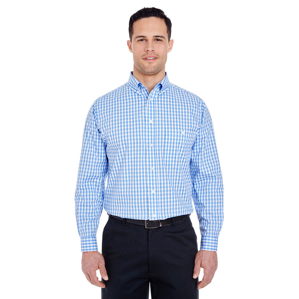 UltraClub Men's Light Blue Medium-Check Woven