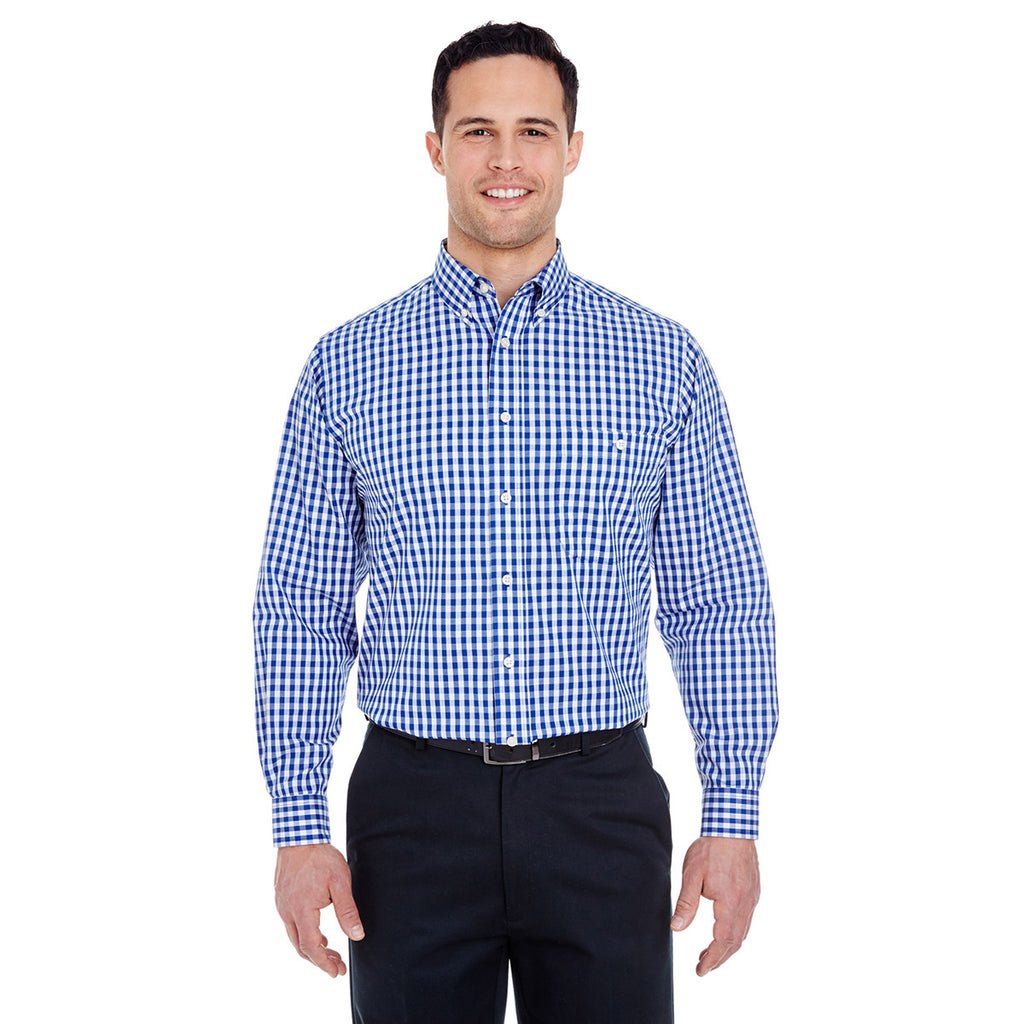 UltraClub Men's Marine Blue Medium-Check Woven