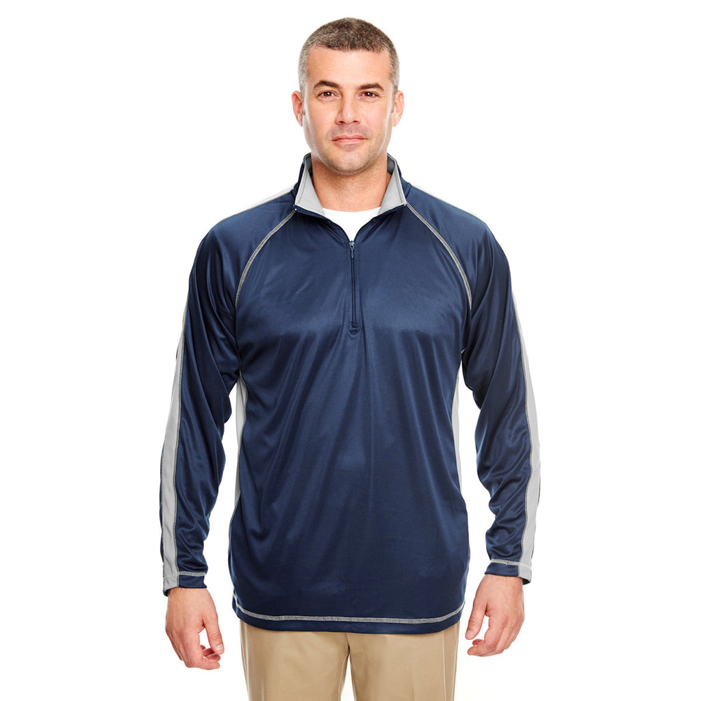 UltraClub Men's Navy/Grey Cool & Dry Sport Quarter-Zip Pullover with Side & Sleeve Panels