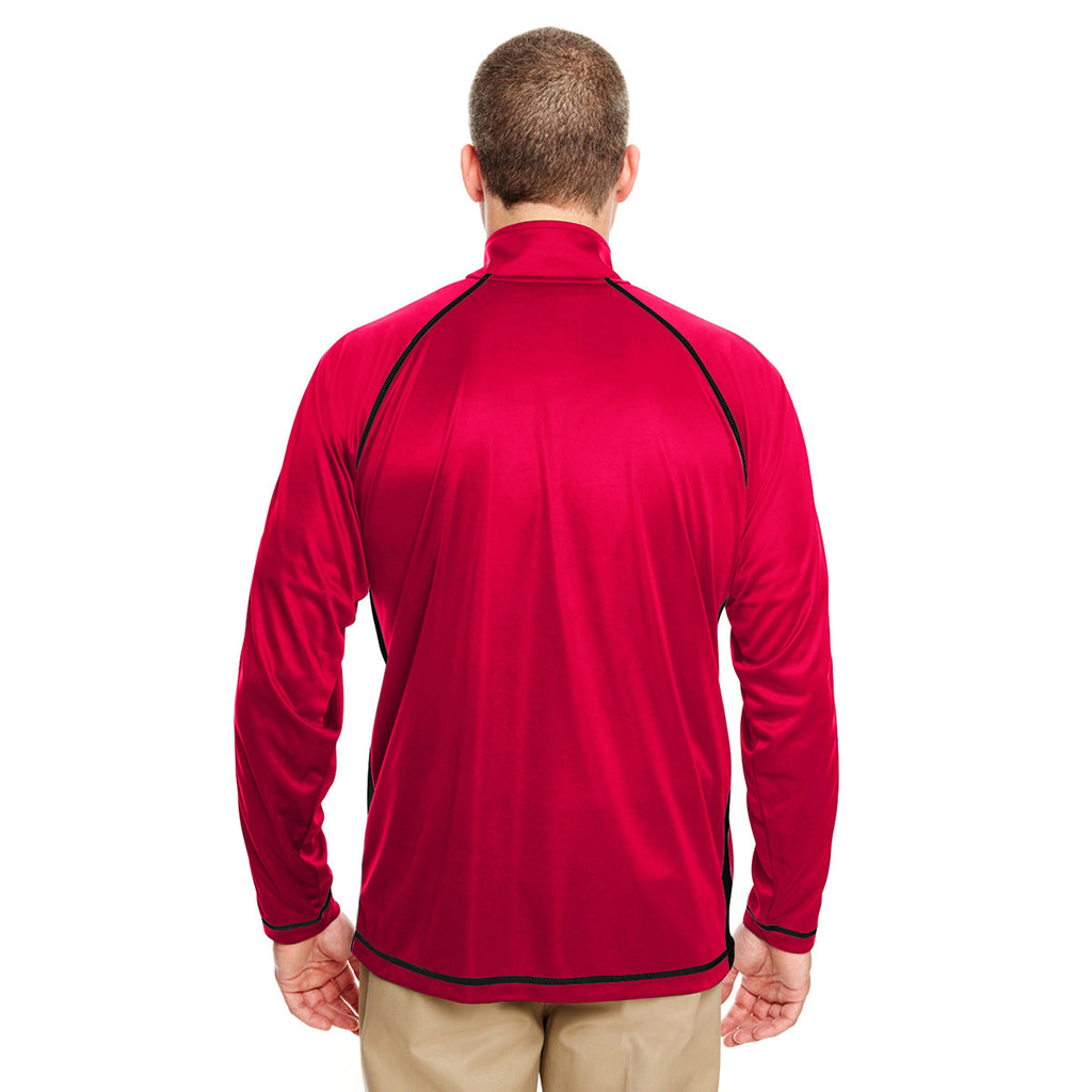 UltraClub Men's Red/Black Cool & Dry Sport Quarter-Zip Pullover with Side & Sleeve Panels