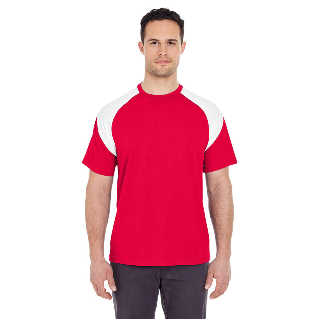 UltraClub Men's Red/White Cool & Dry Sport Colorblock T-Shirt