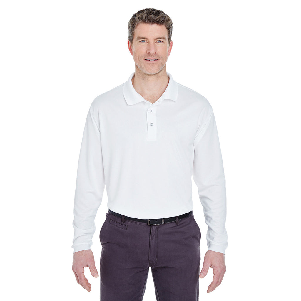 UltraClub Men's White Cool & Dry Sport Long-Sleeve Polo