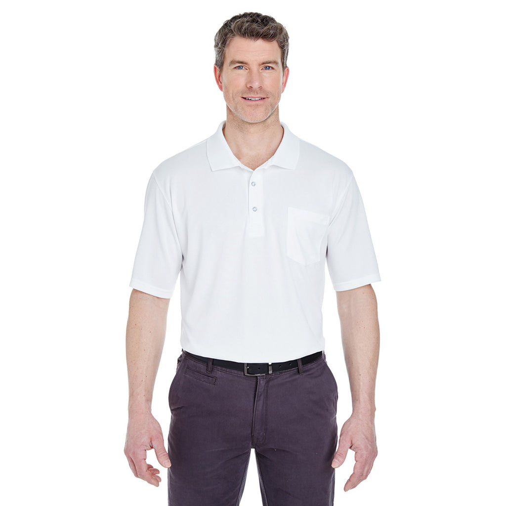 UltraClub Men's White Cool & Dry Sport Polo with Pocket