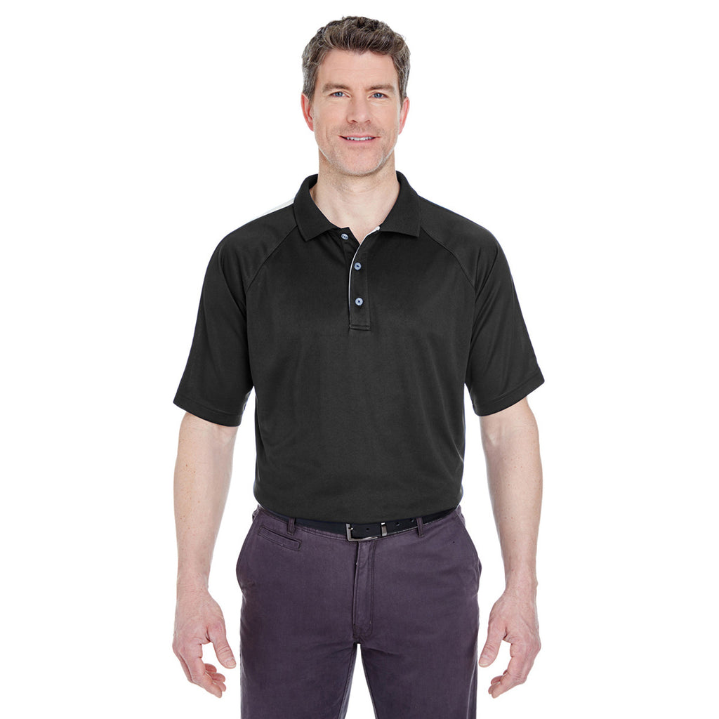 UltraClub Men's Black/Charcoal Cool & Dry Sport Shoulder Block Polo