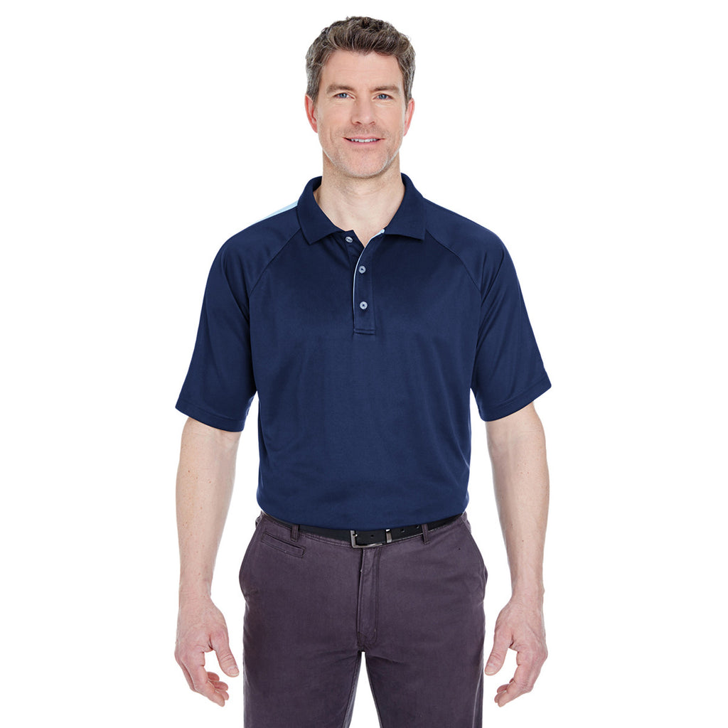 UltraClub Men's Navy/Columbia Blue Cool & Dry Sport Shoulder Block Polo