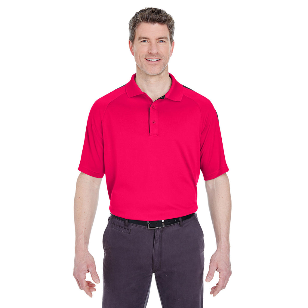 UltraClub Men's Red/Black Cool & Dry Sport Shoulder Block Polo