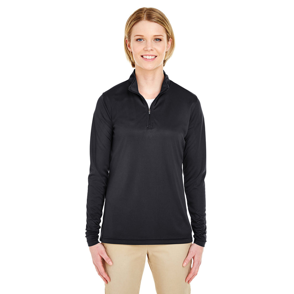 UltraClub Women's Black Cool & Dry Sport Performance Interlock Quarter-Zip Pullover