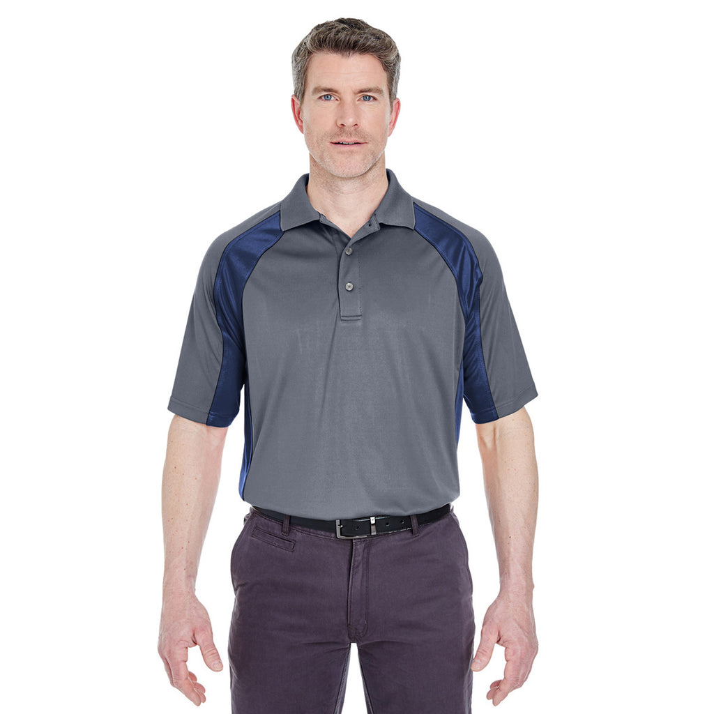 UltraClub Men's Charcoal/Navy Cool & Dry Sport Performance Colorblock Interlock Polo