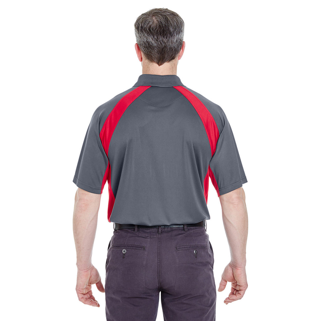 UltraClub Men's Charcoal/Red Cool & Dry Sport Performance Colorblock Interlock Polo