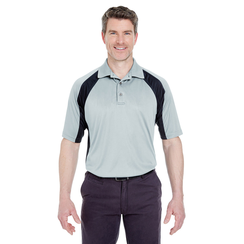 UltraClub Men's Grey/Black Cool & Dry Sport Performance Colorblock Interlock Polo