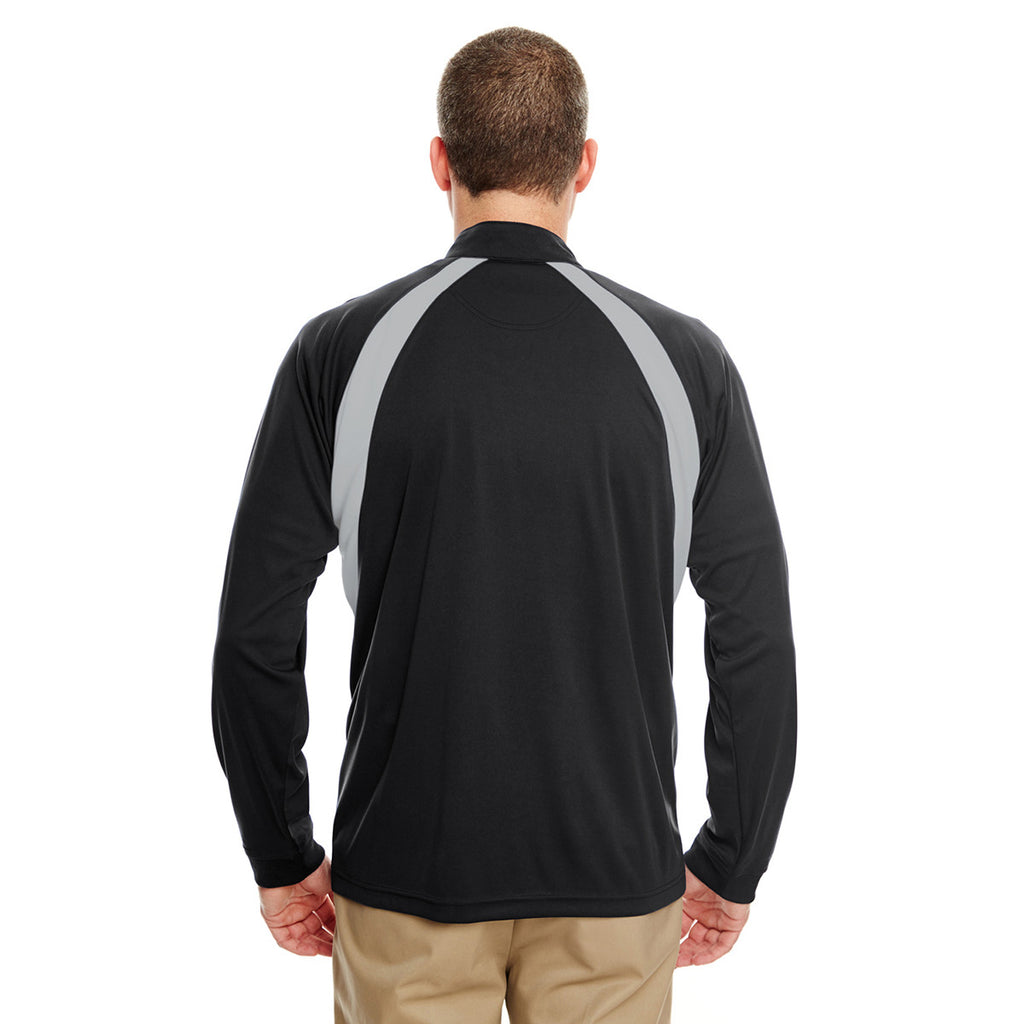 UltraClub Men's Black/Grey Cool & Dry Sport Quarter-Zip Pullover with Side Panels