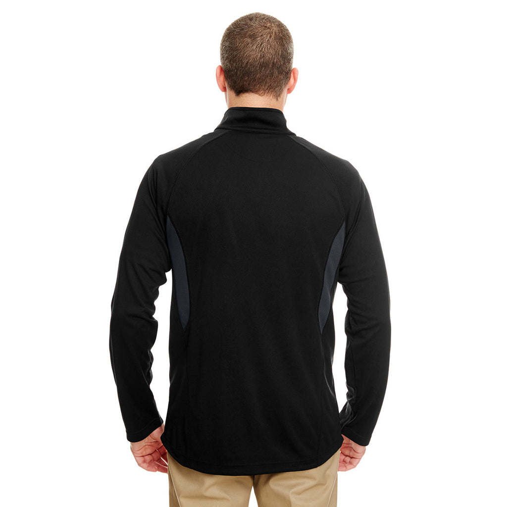 UltraClub Men's Black/Flint Cool & Dry Colorblock Dimple Mesh Quarter-Zip Pullover