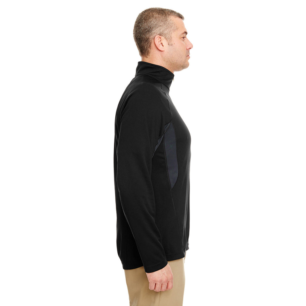 UltraClub Men's Black/Flint Cool & Dry Colorblock Dimple Mesh Quarter-Zip Pullover