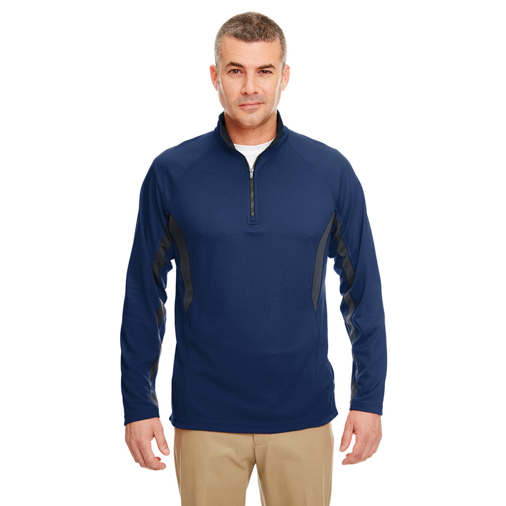 UltraClub Men's Navy/Flint Cool & Dry Colorblock Dimple Mesh Quarter-Zip Pullover