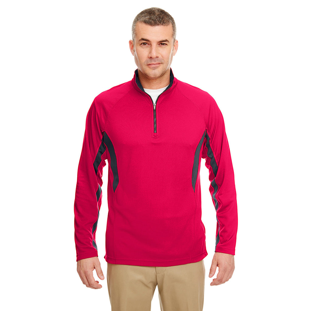 UltraClub Men's Red/Flint Cool & Dry Colorblock Dimple Mesh Quarter-Zip Pullover