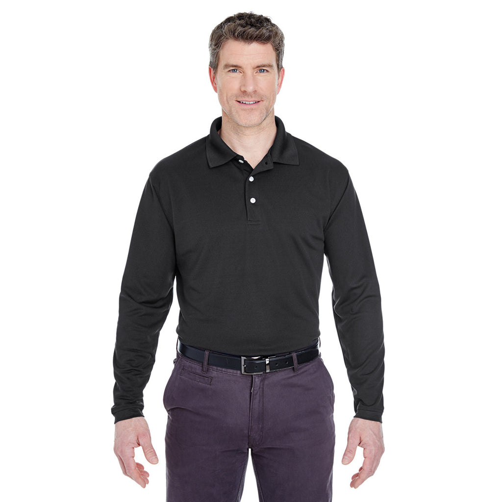 UltraClub Men's Black Cool & Dry Long-Sleeve Stain-Release Performance Polo