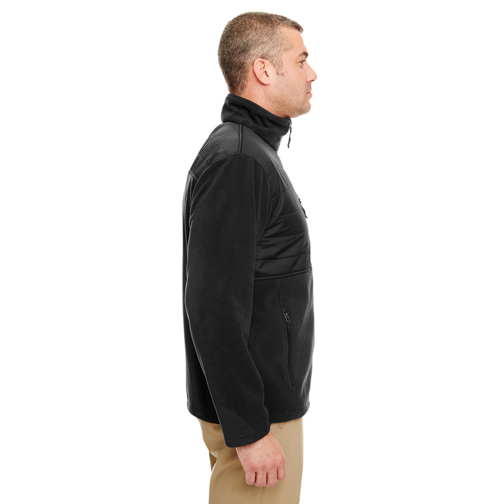 UltraClub Men's Black Fleece Jacket with Quilted Yoke Overlay