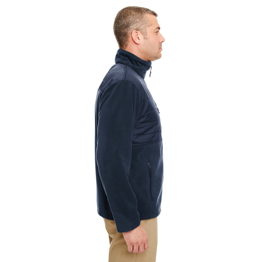 UltraClub Men's Navy Fleece Jacket with Quilted Yoke Overlay